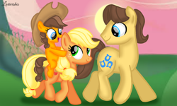 Size: 1200x720 | Tagged: safe, artist:mlplary6, derpibooru import, applejack, caramel, oc, oc:apple sweet, earth pony, pony, carajack, family, female, filly, foal, hat, looking at each other, looking at someone, male, mare, offspring, parent:applejack, parent:caramel, parents:carajack, riding, shipping, smiling, smiling at each other, stallion, straight, sunset, walking