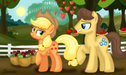 Size: 1200x720 | Tagged: safe, artist:mlplary6, derpibooru import, applejack, caramel, earth pony, pony, carajack, female, flower, heart, looking at each other, looking at someone, male, mare, rose, shipping, smiling, smiling at each other, stallion, straight