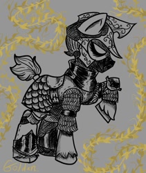 Size: 496x589 | Tagged: safe, derpibooru import, oc, earth pony, pony, armor, armored pony, chainmail, crosshatch, helmet, monochrome, ponytail, saddle, scales, solo, tack, unshorn fetlocks