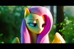 Size: 768x512 | Tagged: safe, derpibooru import, machine learning generated, fluttershy, pegasus, pony, 3d, 3d model, blurry background, detailed hair, eyes closed, forest, forest background, green eye, green eyes, movie, pink hair, pink mane, realistic, sad, smiling, solo, television, tree, vhs