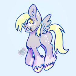 Size: 2048x2048 | Tagged: safe, artist:ghost_towne_, derpibooru import, derpy hooves, pegasus, pony, blue background, eye clipping through hair, female, open mouth, open smile, simple background, smiling, solo, spread wings, winged hooves, wings