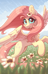 Size: 3300x5100 | Tagged: safe, artist:dandy, derpibooru import, fluttershy, pegasus, pony, absurd resolution, blushing, chest fluff, cute, daaaaaaaaaaaw, ear fluff, ears, female, flower, flower in hair, grass, looking at you, meadow, open mouth, shyabetes, sky, solo, wings