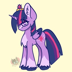 Size: 2048x2048 | Tagged: safe, artist:ghost_towne_, derpibooru import, twilight sparkle, twilight sparkle (alicorn), alicorn, pony, chest fluff, colored wings, colored wingtips, crown, ear fluff, ears, eye clipping through hair, female, glasses, jewelry, regalia, simple background, solo, unshorn fetlocks, wings, yellow background