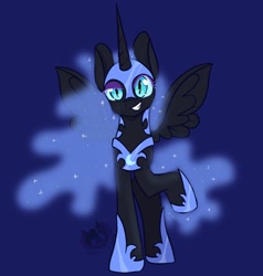 Size: 1951x2048 | Tagged: safe, artist:ghost_towne_, derpibooru import, nightmare moon, alicorn, pony, blue background, female, grin, looking at you, mare, raised hoof, raised leg, signature, simple background, smiling, smiling at you, solo, spread wings, wings