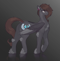 Size: 2000x2031 | Tagged: safe, alternate version, artist:nsilverdraws, derpibooru import, edit, oc, oc only, oc:nightstalker, pegasus, pony, butt, ear piercing, eye clipping through hair, eyebrows, eyebrows visible through hair, female, folded wings, frown, high res, mare, pegasus oc, piercing, plot, raised hoof, raised leg, reflection, solo, tail, tail piercing, wings