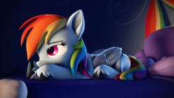Size: 3840x2160 | Tagged: safe, artist:psfmer, derpibooru import, rainbow dash, pegasus, pony, 3d, 4k, bed, bored, eyebrows, female, folded wings, high res, lying down, mare, prone, solo, source filmmaker, unshorn fetlocks, wings