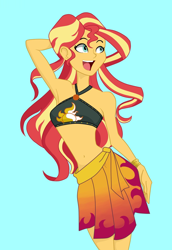 Size: 920x1340 | Tagged: safe, artist:ignoto_delta, derpibooru import, sunset shimmer, equestria girls, bare shoulders, blue background, clothes, female, sarong, simple background, sleeveless, solo, swimsuit