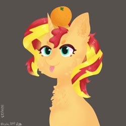 Size: 2072x2072 | Tagged: safe, alternate version, artist:cola_3107, derpibooru import, sunset shimmer, pony, unicorn, chest fluff, female, food, gray background, orange, simple background, solo, tongue, tongue out