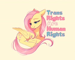 Size: 4096x3290 | Tagged: safe, artist:imalou, derpibooru import, fluttershy, pegasus, pony, cute, female, lying down, mare, mouthpiece, ponyloaf, pride, pride flag, prone, shyabetes, sitting, solo, text, transgender pride flag, wings