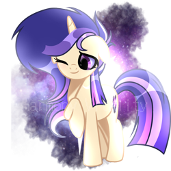 Size: 2048x2048 | Tagged: safe, artist:harmonyvitality-yt, derpibooru import, oc, oc only, pony, unicorn, base used, female, horn, mare, one eye closed, simple background, smiling, spread wings, transparent background, unicorn oc, wings, wink