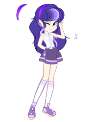 Size: 1977x2552 | Tagged: safe, artist:harmonyvitality-yt, derpibooru import, oc, oc only, equestria girls, base used, clothes, female, one eye closed, shoes, simple background, skirt, smiling, socks, solo, transparent background, wink