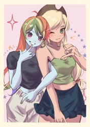 Size: 2480x3508 | Tagged: safe, artist:靖友, derpibooru import, applejack, rainbow dash, equestria girls, appledash, bare shoulders, blushing, female, grin, lesbian, shipping, sleeveless, smiling