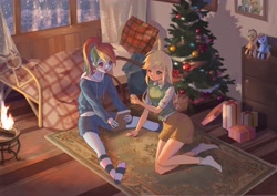 Size: 4961x3508 | Tagged: safe, artist:靖友, derpibooru import, applejack, rainbow dash, equestria girls, appledash, bed, blushing, book, carpet, christmas, christmas presents, christmas tree, clothes, curtains, female, fireplace, holiday, lesbian, one eye closed, open mouth, photo frame, pillow, plushie, present, shipping, skirt, snow, socks, striped socks, tree, window