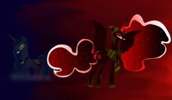 Size: 1440x840 | Tagged: safe, artist:harmonicdreemur1308, derpibooru import, princess luna, alicorn, pony, creepy, demonic, duo, ethereal mane, female, mare, nightmare luna, starry mane