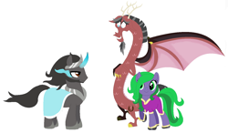 Size: 1408x820 | Tagged: safe, artist:harmonicdreemur1308, derpibooru import, discord, king sombra, mane-iac, draconequus, earth pony, pony, base used, female, male, mare, simple background, sombra eyes, white background