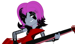 Size: 1280x763 | Tagged: safe, artist:harmonicdreemur1308, derpibooru import, oc, oc only, equestria girls, base used, clothes, female, grin, guitar, musical instrument, simple background, smiling, solo, tattoo, white background