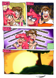 Size: 2088x2872 | Tagged: safe, artist:ringteam, apple bloom, pipsqueak, princess luna, apple bloom is not amused, comic, fanboy, hill, older, older apple bloom, older pipsqueak, shipping, singing, sunset, tree