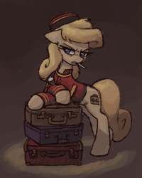 Size: 422x528 | Tagged: safe, artist:plunger, ponerpics import, oc, oc only, oc:belle hop, earth pony, pony, angry, bellhop, cigarette, clothes, ears, earth pony oc, eyebrows, female, floppy ears, hat, leaning, mare, simple background, smoking, solo, suitcase, unamused, uniform