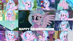 Size: 1978x1113 | Tagged: safe, derpibooru import, editor:quoterific, fluttershy, silverstream, butterfly, cockatrice, hippogriff, a matter of principals, marks for effort, school daze, school raze, she's all yak, student counsel, the hearth's warming club, uprooted, what lies beneath, edith (cockatrice), happy, library, school of friendship, smiling