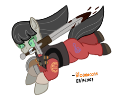 Size: 561x448 | Tagged: safe, artist:bloonacorn, derpibooru import, octavia melody, earth pony, pony, /mlp/ tf2 general, demoknight, demoman, mouth hold, simple background, sword, team fortress 2, transparent background, weapon