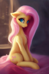 Size: 1024x1536 | Tagged: safe, derpibooru import, generator:purplesmart.ai, generator:stable diffusion, machine learning generated, fluttershy, pegasus, pony, bed, cute, eyelashes, female, fluffy, looking at you, mare, shyabetes, sitting, smiling, smiling at you, solo, wingless
