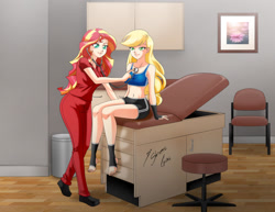 Size: 1280x989 | Tagged: safe, artist:shinta-girl, derpibooru import, applejack, sunset shimmer, human, equestria girls, appleshimmer, chair, couple, doctor, female, humanized, lesbian, shipping, stool