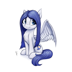 Size: 1600x1600 | Tagged: safe, artist:t15, derpibooru import, oc, oc only, pegasus, chest fluff, colored sketch, commission, looking at you, pegasus oc, signature, simple background, sitting, sketch, smiling, smiling at you, solo, white background