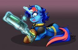 Size: 3643x2373 | Tagged: safe, artist:dragonfoxgirl, derpibooru import, oc, oc only, oc:ryo, pony, unicorn, fallout equestria, clothes, gun, jumpsuit, laser rifle, levitation, magic, science fiction, solo, telekinesis, vault suit, weapon