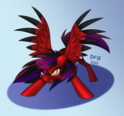 Size: 2157x2018 | Tagged: safe, artist:dragonfoxgirl, derpibooru import, oc, oc only, pegasus, pony, face down ass up, frown, gradient background, heterochromia, high res, pegasus oc, signature, solo, spread wings, teeth, unnamed oc, wings