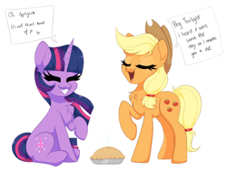 Size: 2732x2048 | Tagged: safe, artist:plushtrapez, derpibooru import, applejack, twilight sparkle, unicorn twilight, earth pony, pony, unicorn, applejack's hat, chest fluff, clothes, cowboy hat, dialogue, duo, eyes closed, female, food, hat, mare, open mouth, pi day, pie, raised hoof, raised leg, simple background, sitting, smiling, white background