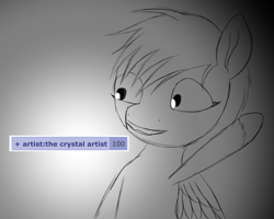 Size: 2000x1600 | Tagged: safe, artist:the crystal artist, derpibooru exclusive, derpibooru import, oc, oc only, oc:stardust(crystal), pegasus, pony, 100, derpibooru, derpimilestone, description is relevant, female, filly, foal, gradient background, happy, meta, milestone, milestone celebration, open mouth, pegasus oc, raised hoof, raised leg, sketch, solo