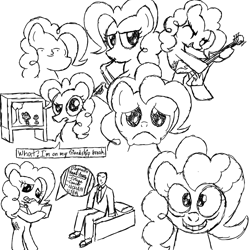 Size: 1000x1000 | Tagged: safe, artist:scootaloormayfly, derpibooru import, pinkie pie, oc, oc:anon, earth pony, human, pony, black and white, grayscale, guitar, le lenny face, looking at you, monochrome, musical instrument, necktie, sad, saxophone, simple background, sketch, sketch dump, television, text, white background