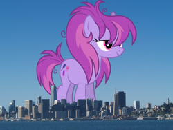 Size: 2048x1536 | Tagged: safe, artist:starryshineviolet, derpibooru import, edit, editor:jaredking779, glitter spritz, earth pony, pony, background pony, california, female, giant pony, giant/macro earth pony, giantess, highrise ponies, irl, macro, mare, mega giant, photo, ponies in real life, san francisco, smiling, solo