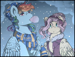 Size: 1280x960 | Tagged: safe, artist:binibean, derpibooru import, fluttershy, rainbow dash, pegasus, pony, alternate hairstyle, bubblegum, clothes, coat, duo, female, food, gum, hat, looking up, mare, masculine mare, scarf, snow, snowfall, striped scarf, winter outfit