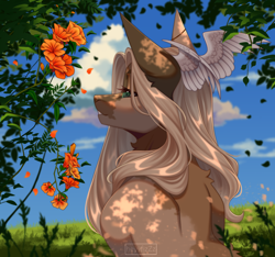 Size: 2200x2061 | Tagged: safe, artist:ohhoneybee, derpibooru import, oc, oc only, pony, bust, dappled sunlight, female, flower, mare, portrait, solo, wing ears, wings