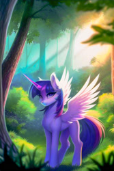 Size: 1152x1728 | Tagged: safe, derpibooru import, generator:novelai, generator:stable diffusion, machine learning generated, twilight sparkle, twilight sparkle (alicorn), alicorn, pony, female, forest, grass, horn, mare, outdoors, scenery, solo, spread wings, standing, tail, tree, wings