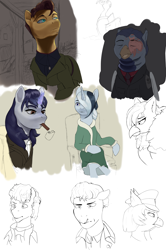 Size: 3107x4692 | Tagged: safe, artist:fly over, derpibooru import, oc, oc:golden morning, oc:river swirl, oc:starry night, griffon, pony, equestria at war mod, cigar, cigarette, sitting, sketch, sleeping