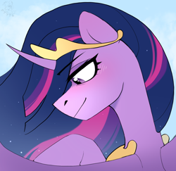 Size: 1412x1373 | Tagged: safe, artist:rtootb, derpibooru import, princess twilight 2.0, twilight sparkle, twilight sparkle (alicorn), alicorn, pony, g4, the last problem, bust, crown, cute, digital art, ethereal mane, female, happy, icon, jewelry, looking at someone, looking down, mare, older, older twilight, portrait, regalia, simple background, smiling, solo, spread wings, wings