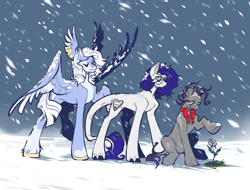 Size: 3479x2649 | Tagged: safe, artist:djkaskan, derpibooru import, oc, oc only, earth pony, pegasus, bow, flower, glasses, pegasus oc, snow, snowfall