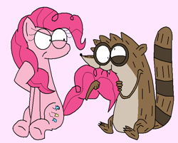 Size: 615x495 | Tagged: safe, artist:calliexsunshine, derpibooru import, pinkie pie, earth pony, pony, raccoon, angry, biting, crossover, crossover shipping, derp, female, male, pink background, raised tail, regular show, rigby, rigbypie, shipping, simple background, straight, tail