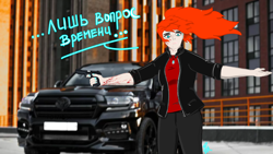 Size: 3840x2160 | Tagged: safe, artist:raw16, derpibooru import, oc, oc:ray muller, human, blood, car, city, clothes, collar, gun, jacket, looking at you, piercing, ponytail, shirt, t-shirt, talking to viewer, tlc200, weapon, wind