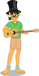 Size: 2000x3886 | Tagged: safe, artist:n0kkun, derpibooru import, oc, oc only, oc:myoozik the dragon, equestria girls, acoustic guitar, anklet, barefoot, bracelet, clothes, commission, feet, glasses, green shirt, guitar, hat, headphones, jewelry, looking at you, male, musical instrument, necklace, shorts, simple background, smiling, solo, toe ring, top hat, transparent background, vector