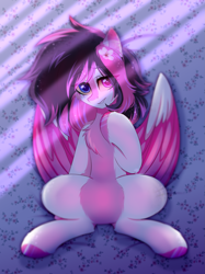 Size: 1867x2500 | Tagged: safe, artist:fluffywhirlpool, derpibooru import, oc, oc only, oc:lunylin, pegasus, pony, bed, chest fluff, colored belly, colored wings, commission, cute, eye clipping through hair, eyebrows, eyebrows visible through hair, female, flower, flower in hair, full body, heterochromia, looking at you, lying down, mare, on back, on bed, partially open wings, pegasus oc, raised hoof, raised leg, smiling, smiling at you, solo, two toned mane, two toned wings, wings