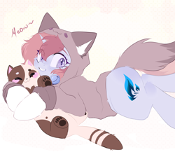 Size: 2200x2000 | Tagged: safe, artist:thieftea, derpibooru import, oc, pony, unicorn, cat hoodie, clothes, horn, looking at you, meow, plushie, smiling, smiling at you, socks, solo, two toned mane