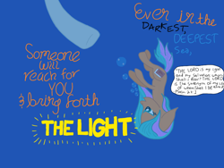 Size: 864x648 | Tagged: safe, artist:script singer, derpibooru import, oc, oc only, oc:script singer, earth pony, pony, blue background, bubble, ocean, quote, simple background, solo, underwater, water