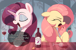 Size: 3335x2179 | Tagged: safe, artist:nookprint, derpibooru import, fluttershy, rarity, pegasus, pony, unicorn, alcohol, bottle, eyes closed, female, gagging, glass, mare, open mouth, wine