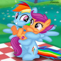 Size: 1400x1400 | Tagged: safe, artist:mlplary6, derpibooru import, rainbow dash, scootaloo, pegasus, pony, carrying, crying, female, filly, foal, looking at each other, looking at someone, mare, picnic blanket, scootalove, sibling love, siblings, sisters, sitting, smiling, smiling at each other, tears of joy