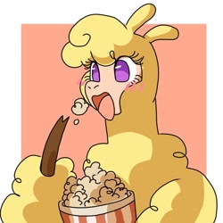 Size: 1080x1080 | Tagged: safe, artist:malt cat, derpibooru import, paprika paca, alpaca, them's fightin' herds, blushing, community related, eating, female, fluffy, food, open mouth, popcorn, solo