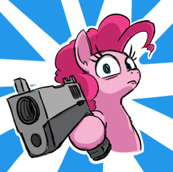 Size: 459x455 | Tagged: safe, artist:jargon scott, derpibooru import, pinkie pie, earth pony, pony, bust, delet this, dexterous hooves, female, frown, gun, handgun, hoof hold, looking at you, mare, pistol, solo, weapon