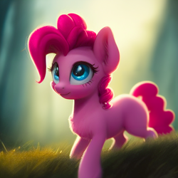 Size: 1024x1024 | Tagged: safe, derpibooru import, generator:stable diffusion, machine learning generated, pinkie pie, earth pony, pony, blushing, chest fluff, cute, diapinkes, ear fluff, ears, female, grass, looking up, mare, missing cutie mark, solo